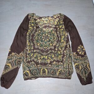 Lucky Brand Womens Deep V-neck Blouse Size M Y2K Floral Boho Western 70s Hippie